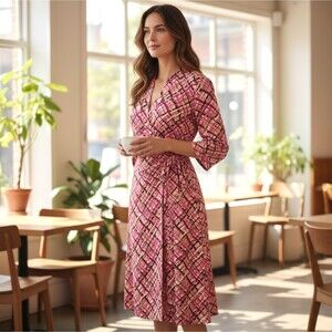 Lilly Pulitzer 100% Silk Wrap Dress Medium 3/4 Sleeve V-Neck Midi Plaid Magenta